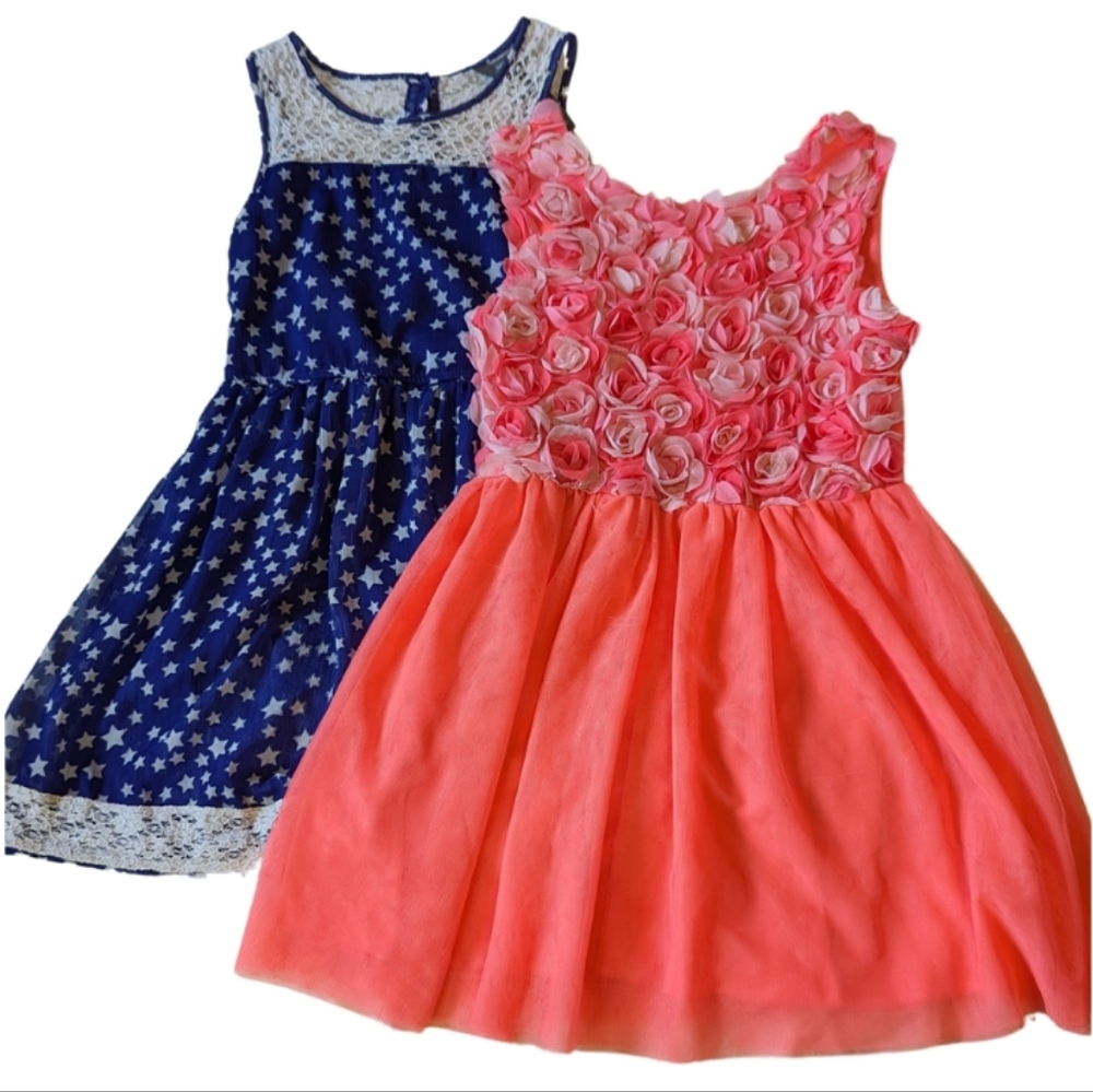Lot of 2 sz8 Newberry blue lace star & Children's Place coral floral dresses GUC